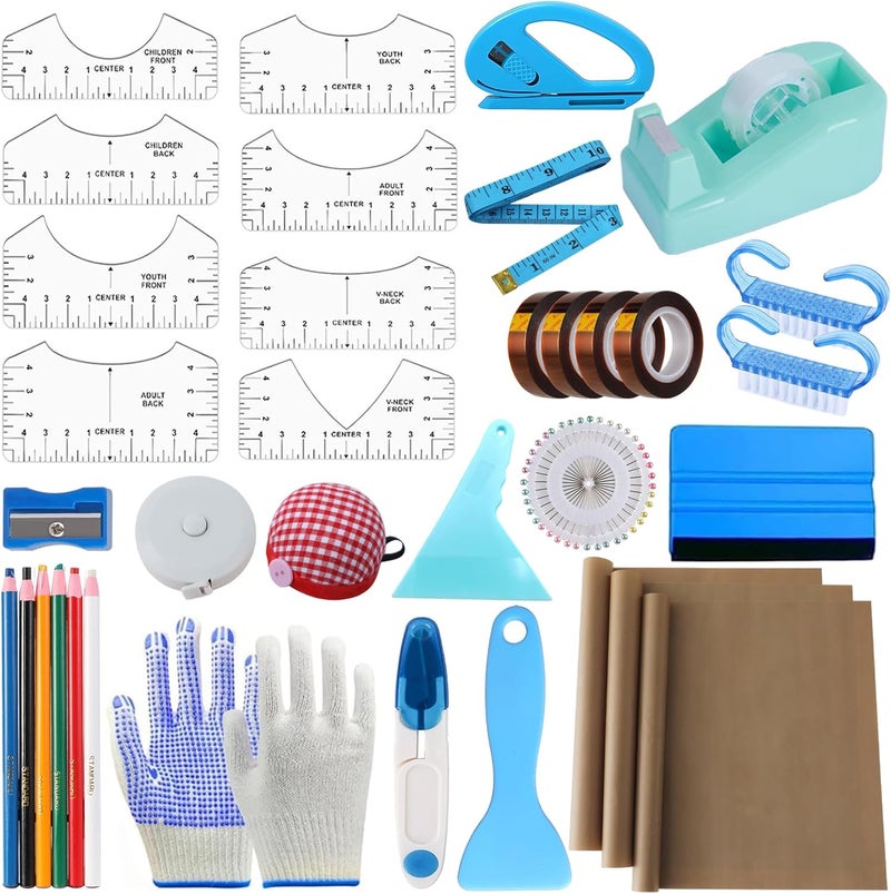 XEUZK Sublimation Shirts Tool Kits With 8 T Shirt rulers, 3Pack Teflon Sheet for Heat Press 12*16in, Heat Resistant Gloves With Silicone Bumps, 2 Rolls Heat Resistant Tape & Sublimation pencil (Blue) - Image 1
